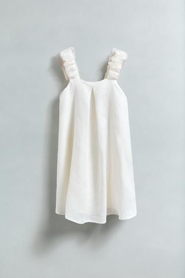 KLEID AUS 100 % LEINEN MIT ORGANZA - Cremefarben von Zara
