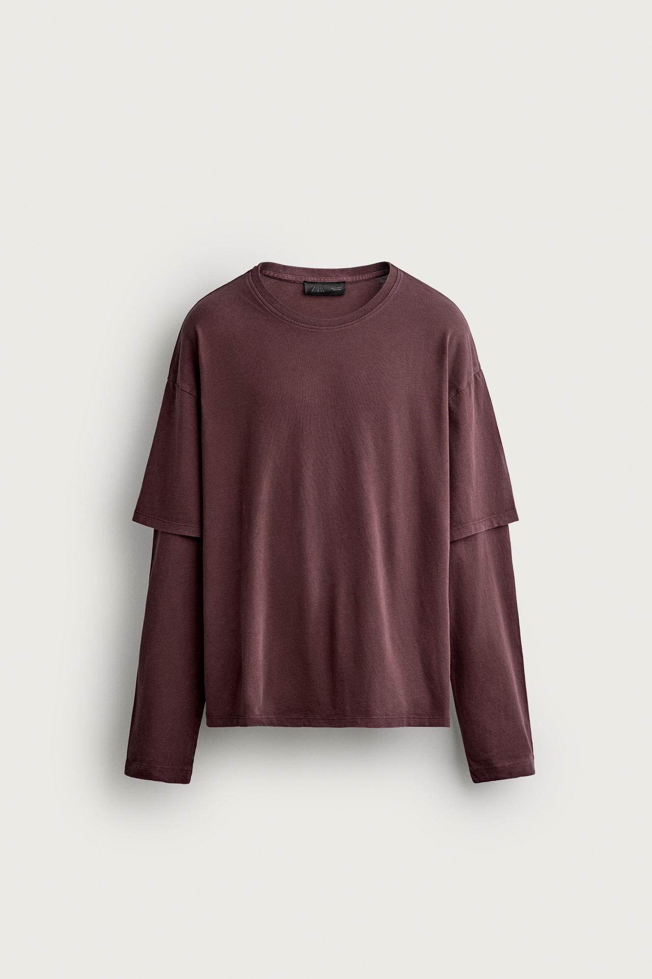 LAYERED EFFECT LONG SLEEVE T-SHIRT — Burgundy