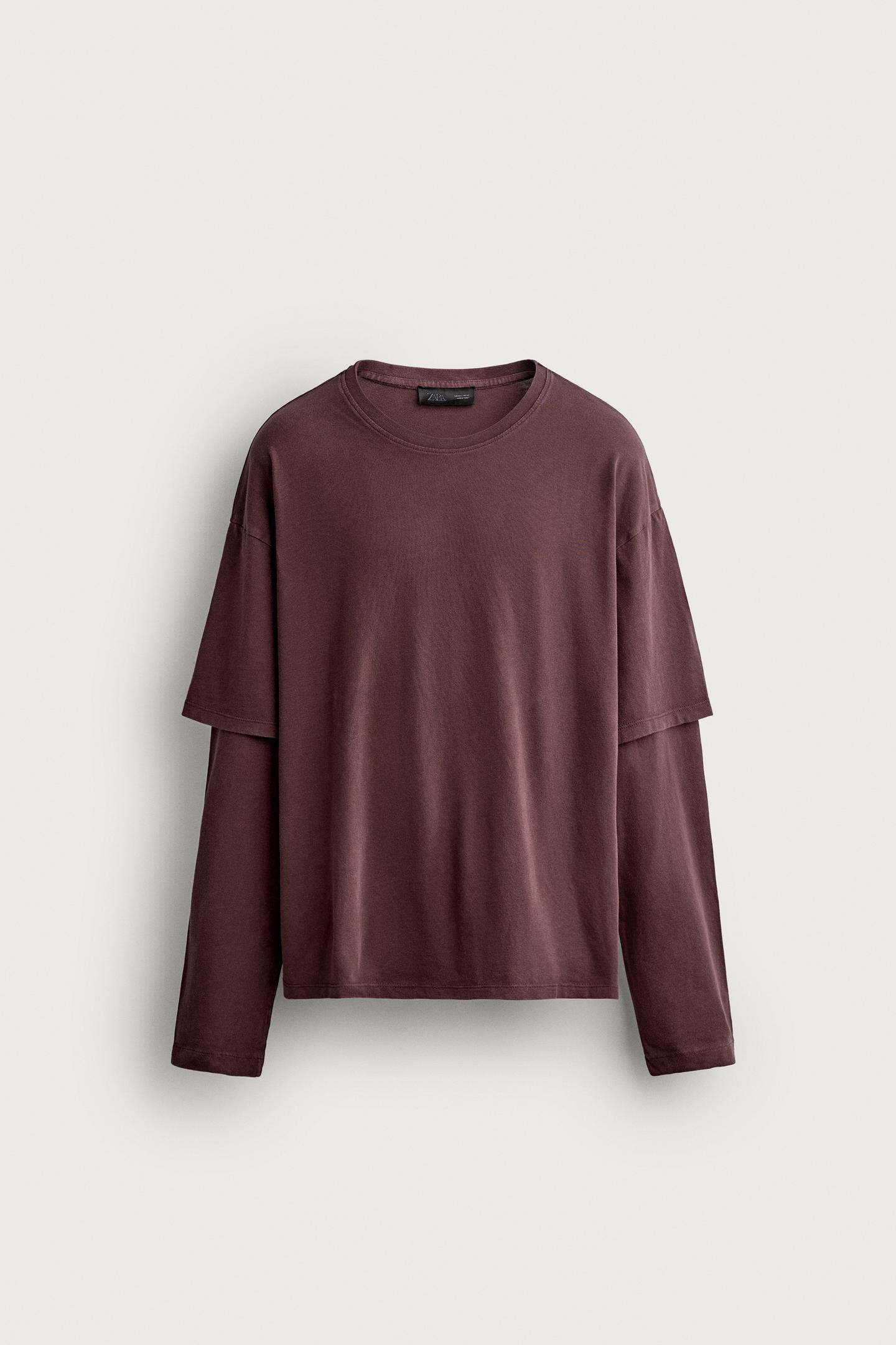 Мужская футболка Zara Layered Effect Long Sleeve, цвет: Бордовый — фото 6