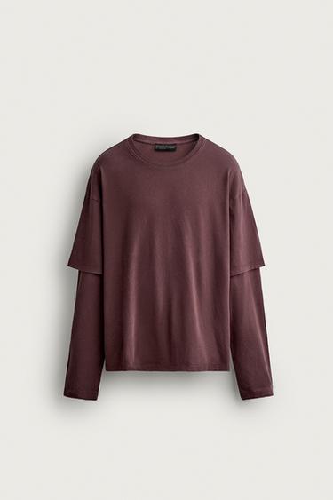 LAYERED EFFECT LONG SLEEVE T-SHIRT — Burgundy 1