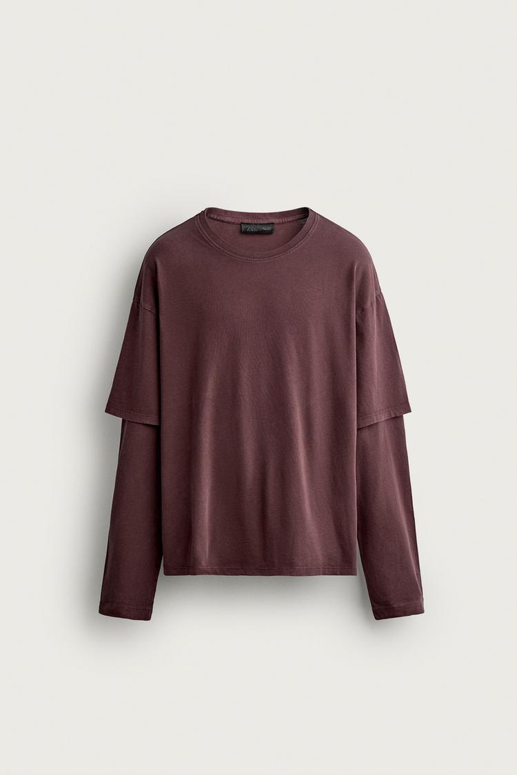 LAYERED EFFECT LONG SLEEVE T-SHIRT — Burgundy