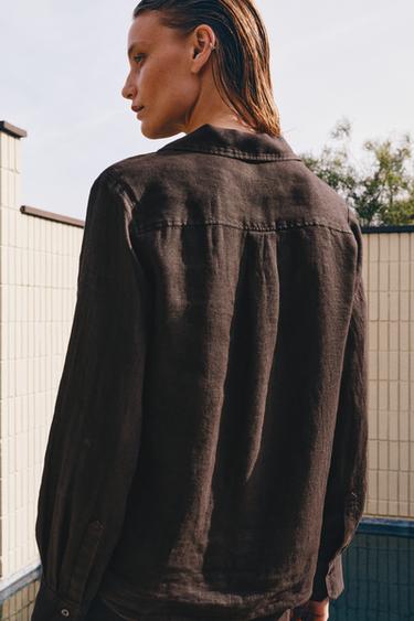 ZW COLLECTION LINEN SHIRT WITH POCKET - Brown by Zara
