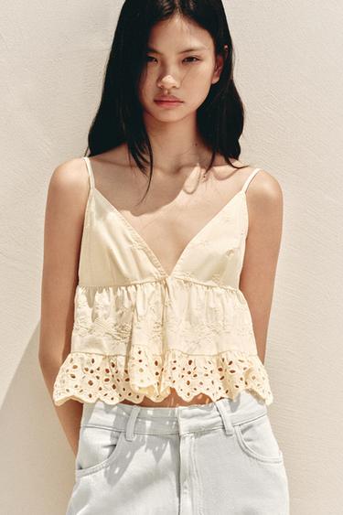Zara 刺繡府綢上衣 - 奶油色