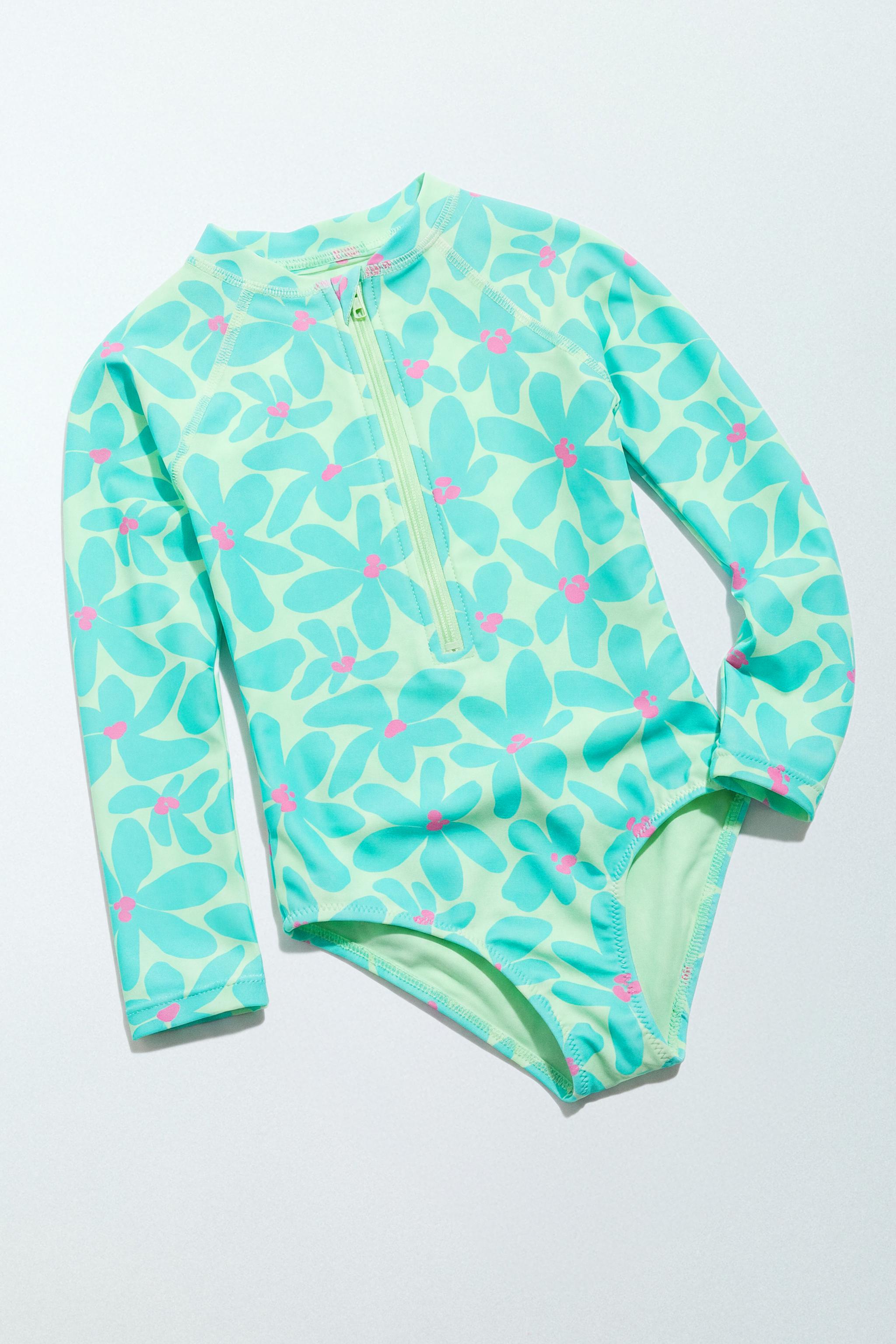1-6 YEARS/ FLORAL PRINT LEOTARD SWIMSUIT — Fluorescent lime