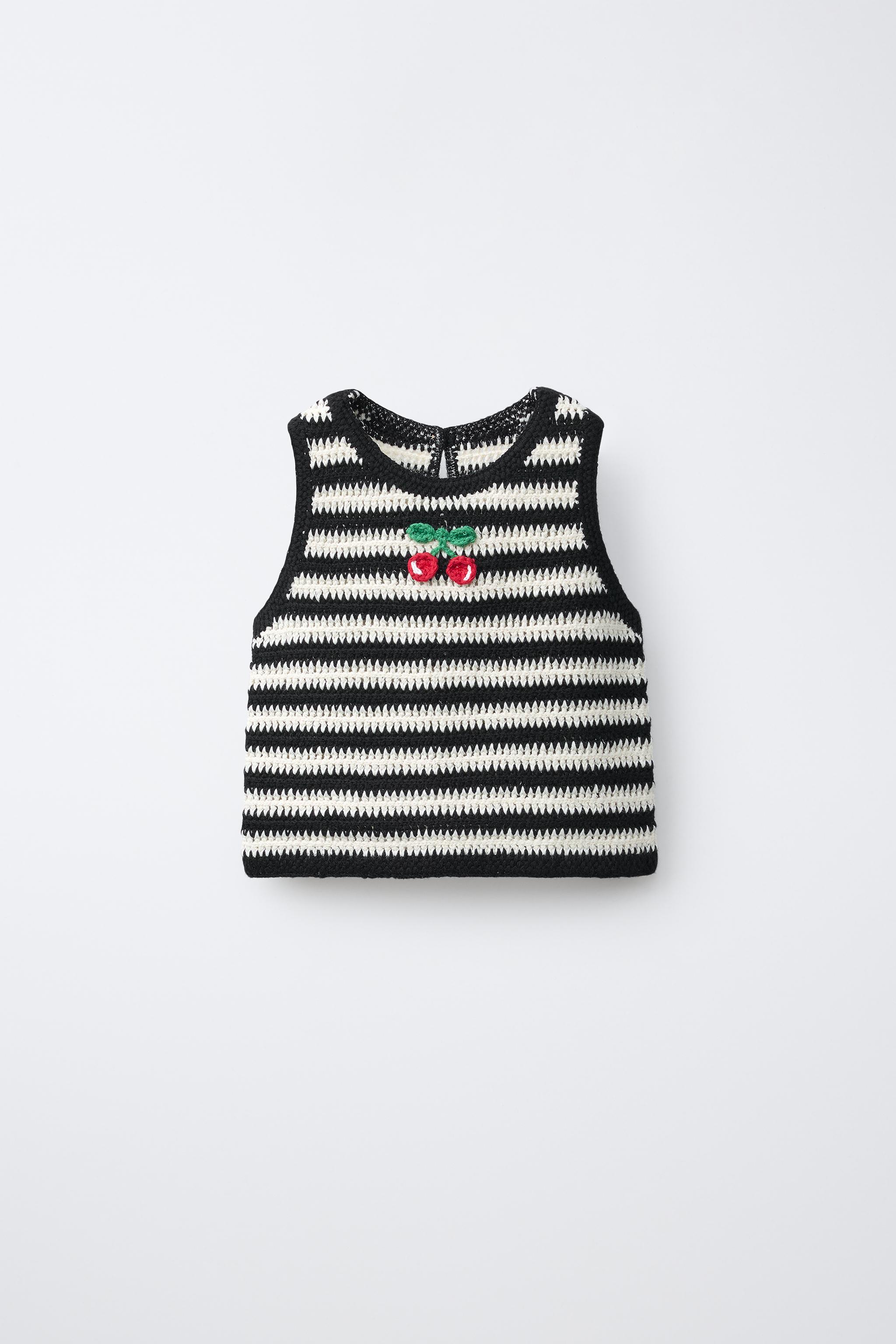 CROCHET KNIT STRIPED TOP WITH CHERRY EMBROIDERY - Ecru / Black