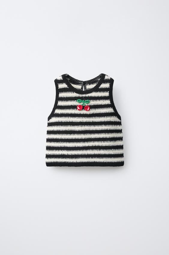 TOP DE TRICÔ CROCHÊ LISTRADO COM CEREJAS BORDADAS - Cru / Preto da Zara - Imagem 0