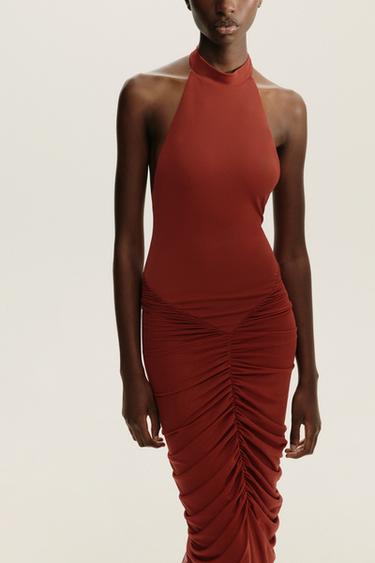 HALTERNECK CONTRAST TULLE DRESS - Dark red by Zara - Image 3