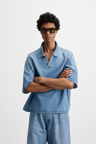 Zara WASHED DENIM POLO SHIRT - Blue