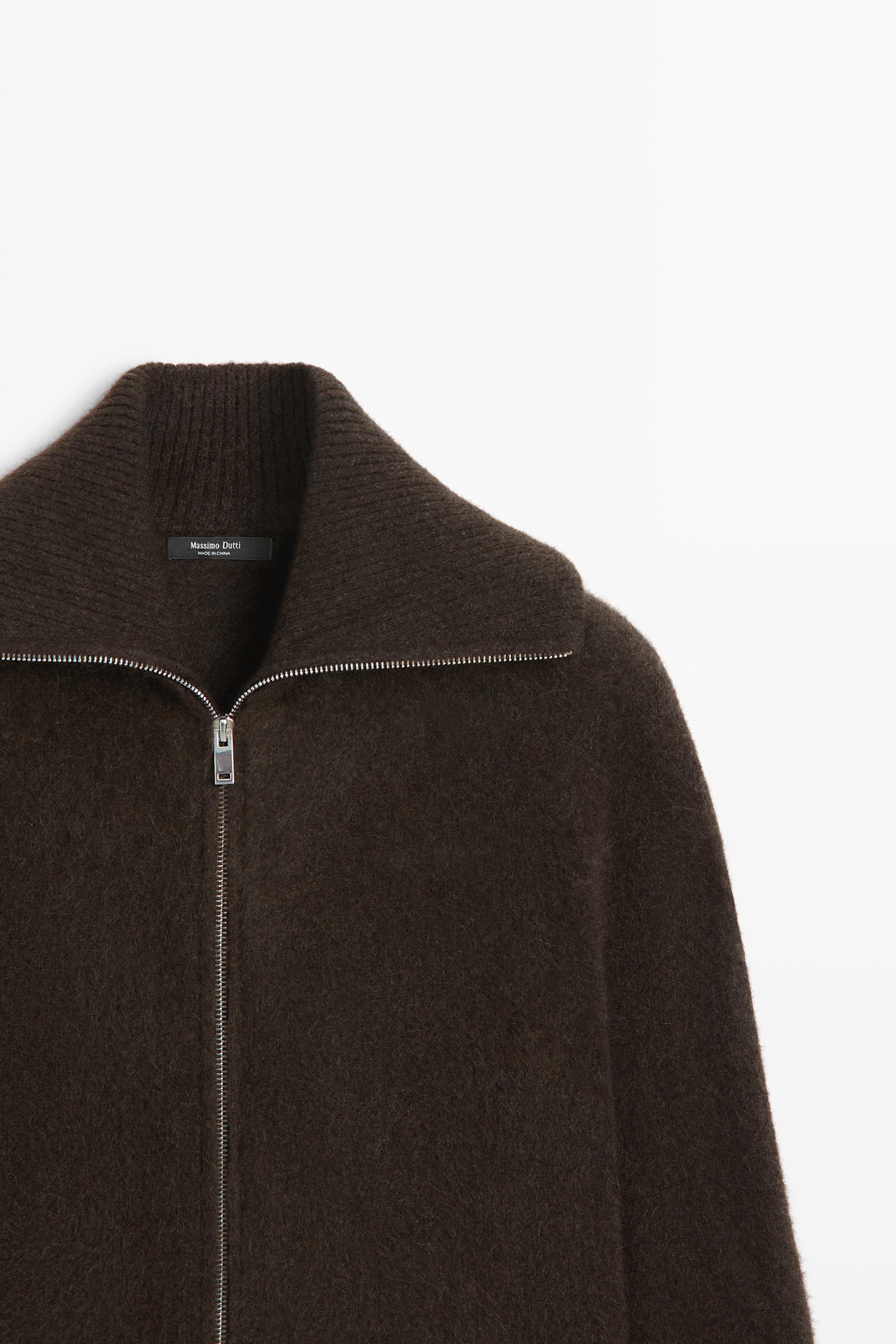 Brushed high-neck knit cardigan