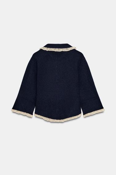 GILET EN MAILLE COL CLAUDINE AVEC DENTELLE - Bleu marine de Zara - Image 6
