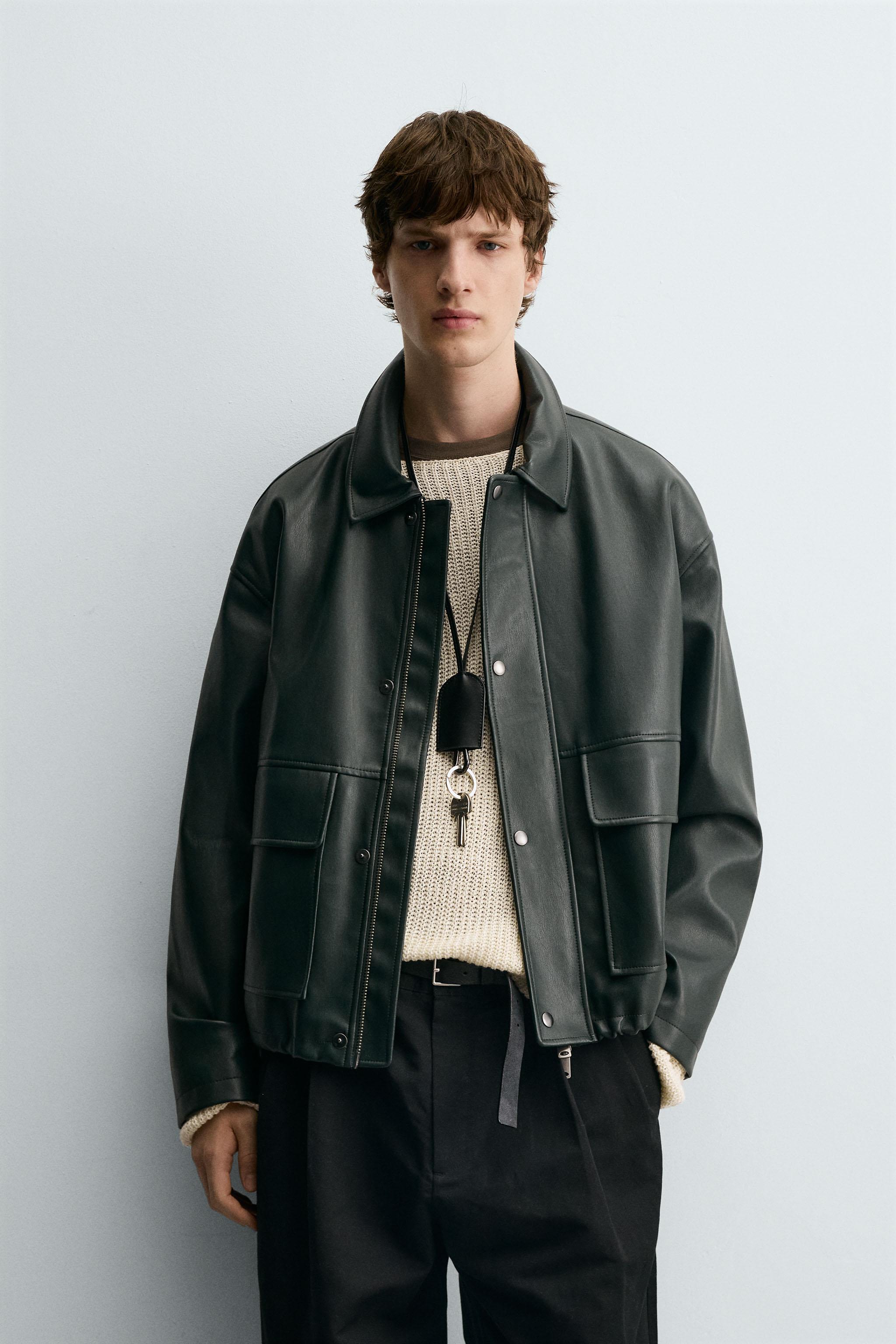 ZARA ダークグリーン レザーライダースジャケット ZARA】グラデーション フェイクレザー ジャケット3715/302/800