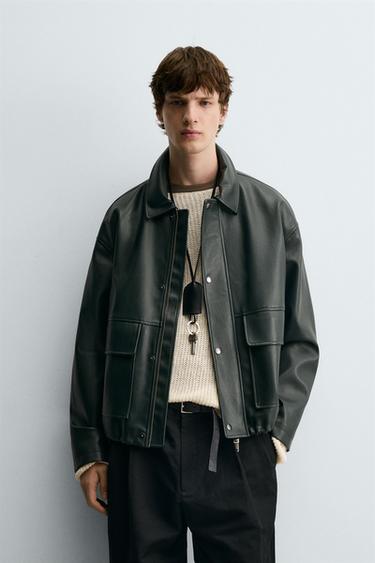 Zara RELAXED FIT FAUX LEATHER JACKET - Dark green