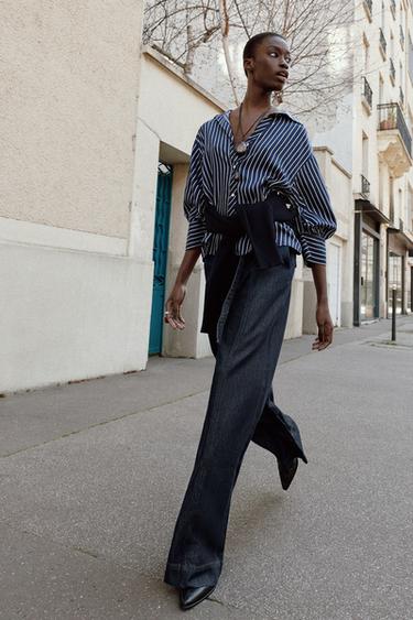 CAMISA RAYAS MANGA ABULLONADA - Marino / Blanco de Zara