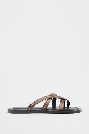 Zara LEATHER STRAPPY FLAT SANDALS - Brown - Image 0