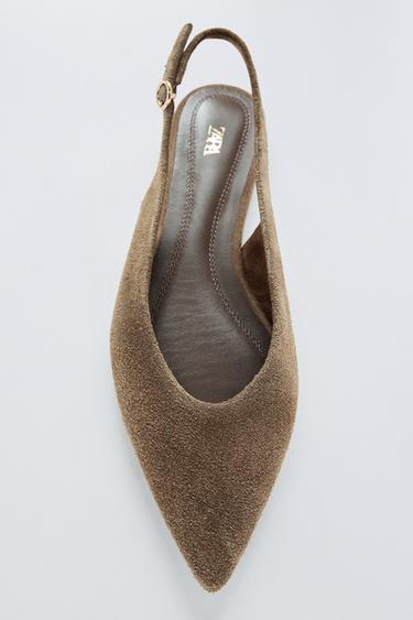 POINTED TOE SPLIT SUEDE SLINGBACK SHOES - Sand Brown by Zara