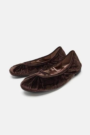 VELVET EFFECT BALLERINA FLATS WITH STRAPS - Brown by Zara - Image 3