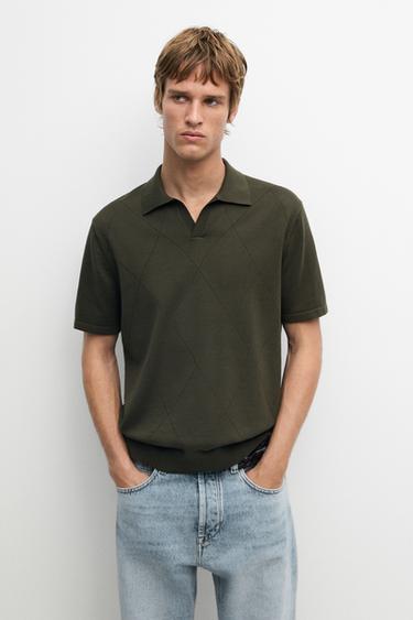 Zara 100% cotton intarsia knit polo shirt - BOTTLE GREEN