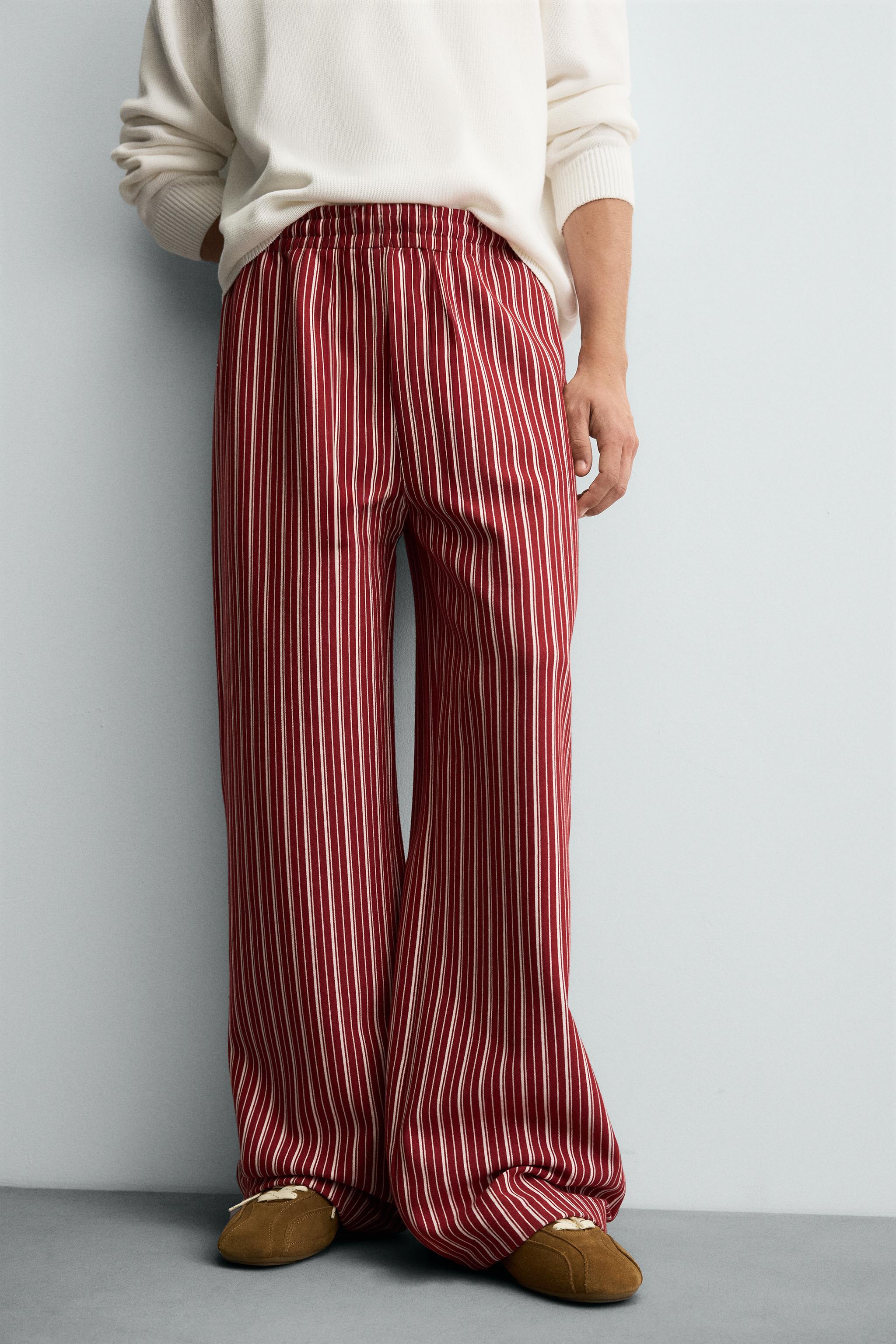 STRIPED RELAXED FIT PANTS Red ZARA Canada