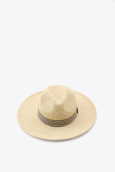CHAPEAU TRESSÉ RUBAN RAYURES - Beige clair de Zara