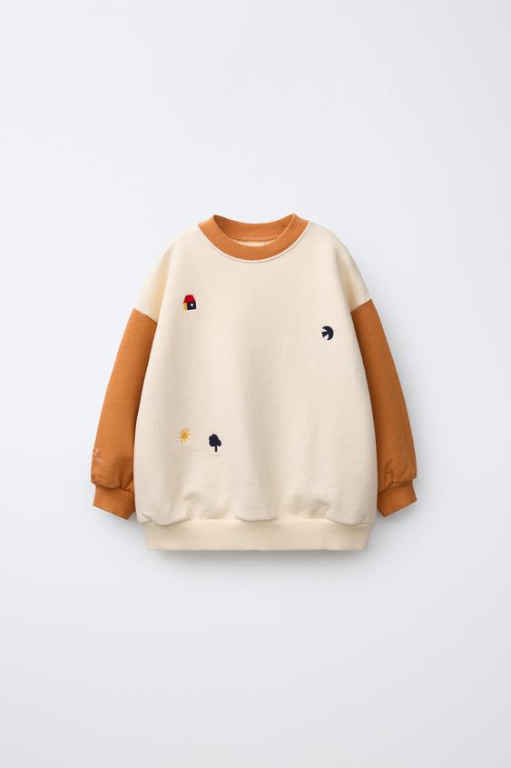 COLOUR BLOCK EMBROIDERED SWEATSHIRT - Ecru / Brown by Zara - Image 0