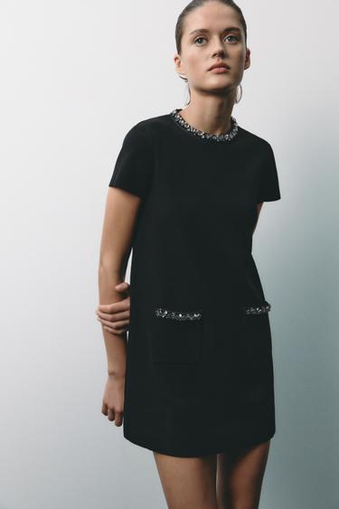 KNIT MINI DRESS WITH RHINESTONE BEADS - Black by Zara