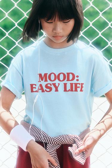 GATHERED SLOGAN T-SHIRT - Light blue by Zara