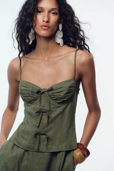 LINEN BLEND STRAPPY JUMPSUIT WITH BOWS - Khaki by Zara - Image 3