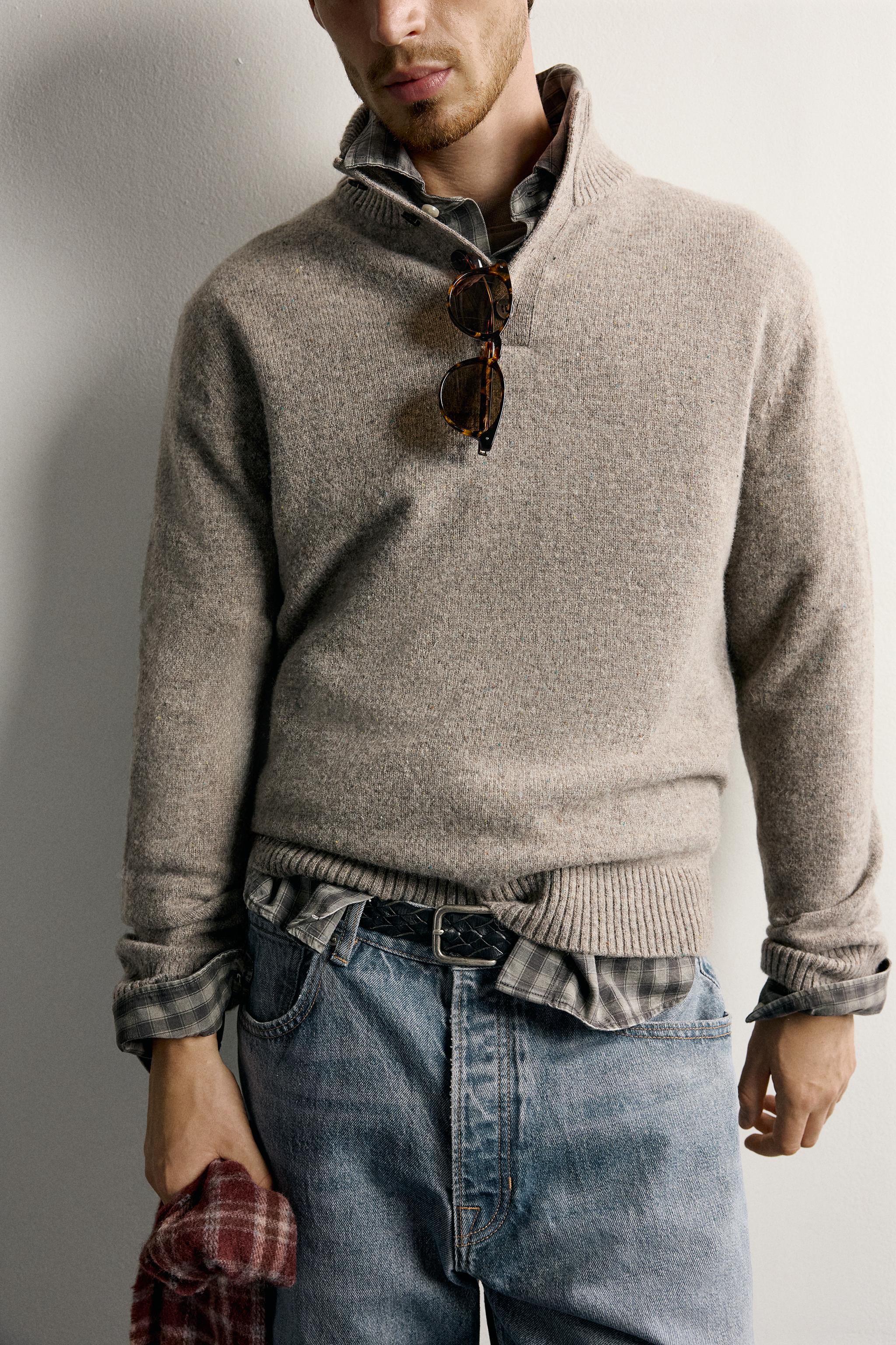 100% WOOL MOCK NECK BUTTON SWEATER