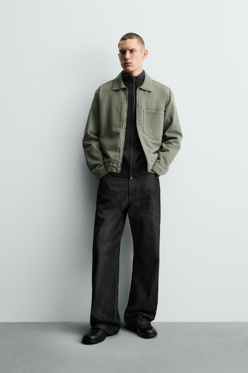 ウォッシュ加工ジップアップシャツジャケット - グレーグリーン | ZARA 