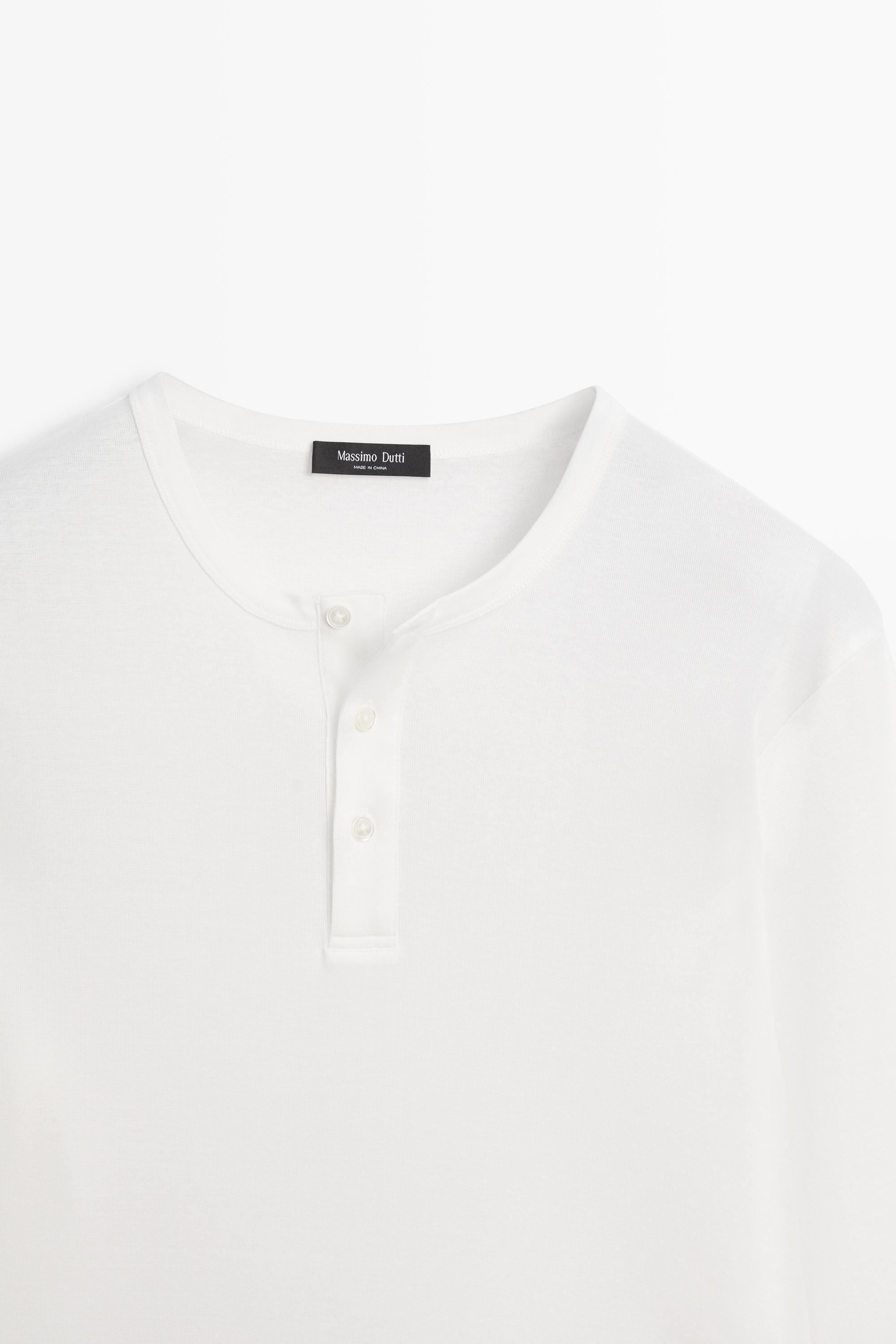 100% cotton long sleeve henley T-shirt — White