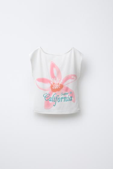 CAMISETA COM ESTAMPA DE FLOR - Branco-marfim da Zara