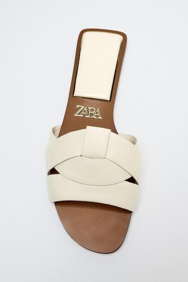 FLAT LEATHER SLIDE SANDALS - White by Zara