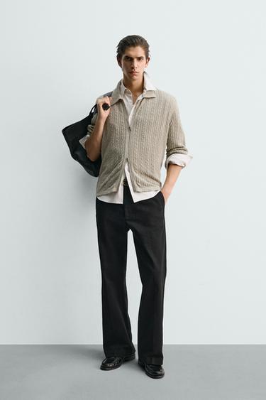 TEXTURED CABLE-KNIT JACKET WITH ZIP - Khaki by Zara - Image 0