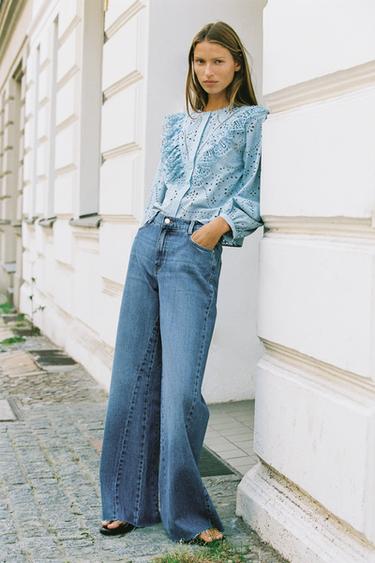 Zara Z1975 系列高腰寬管牛仔褲 - 靛青色