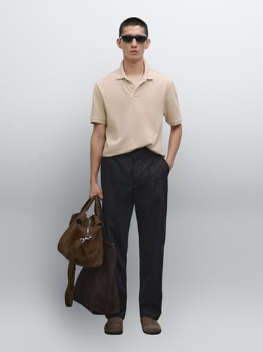 Zara Micro textured piqué cotton polo shirt - Sand