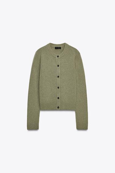 CASHMERE AND WOOL LONG SLEEVE CARDIGAN - GREENISH by Zara