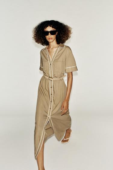 Zara 撞色滾邊腰帶中長版洋裝 - 深駝色