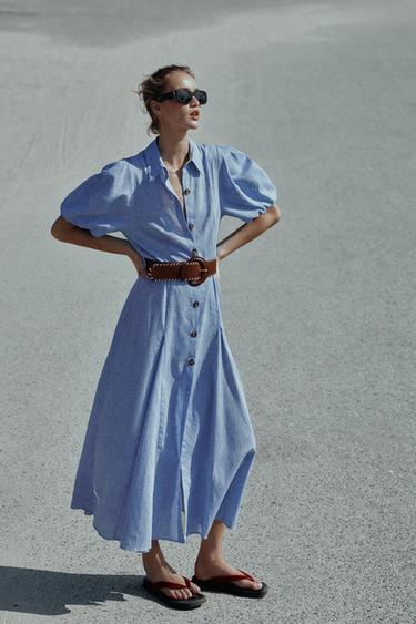 Zara BELTED LINEN MIDI DRESS - Blue