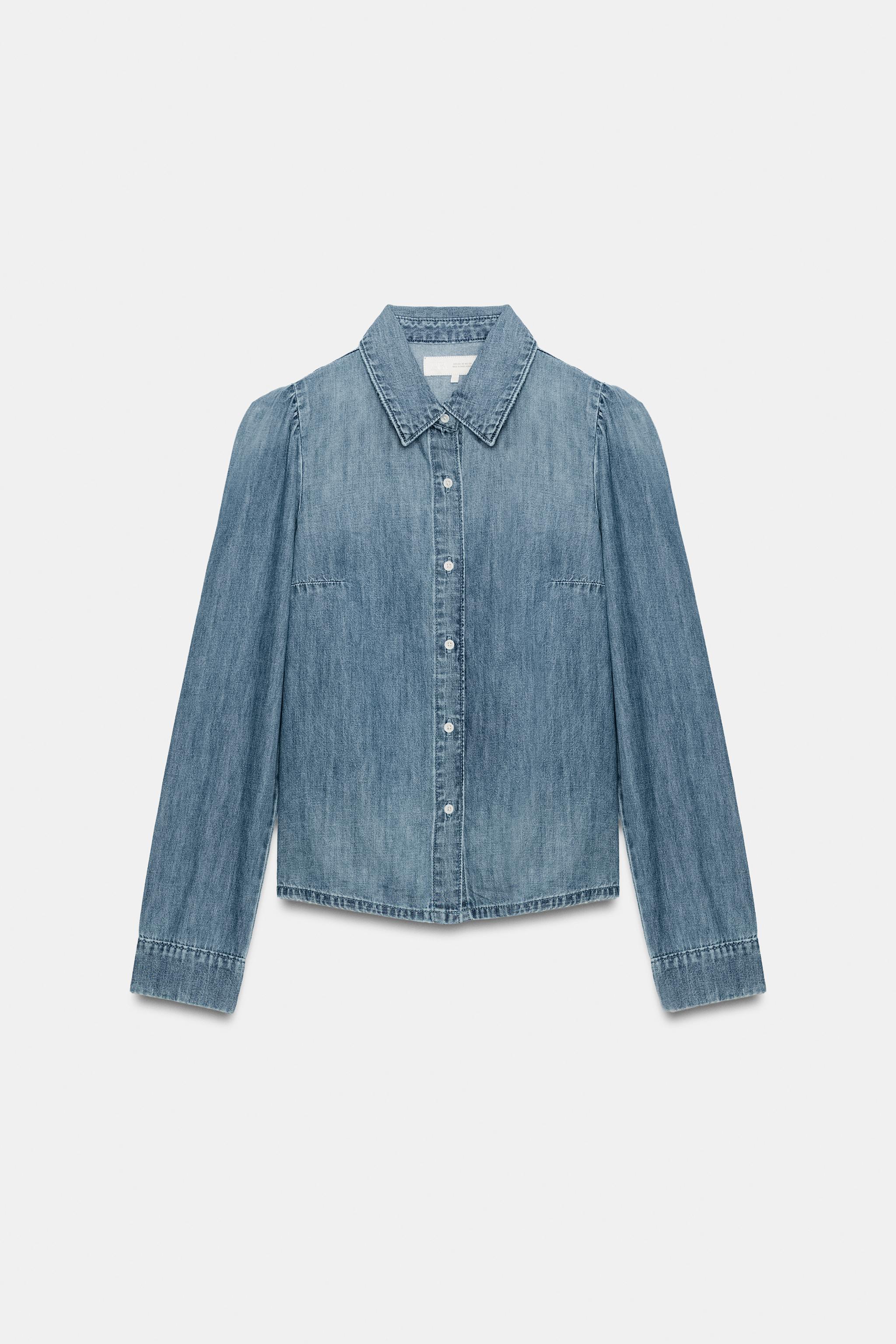 Женские рубашки Zara TRF GATHERED SHOULDER DENIM SHIRT — фото 7