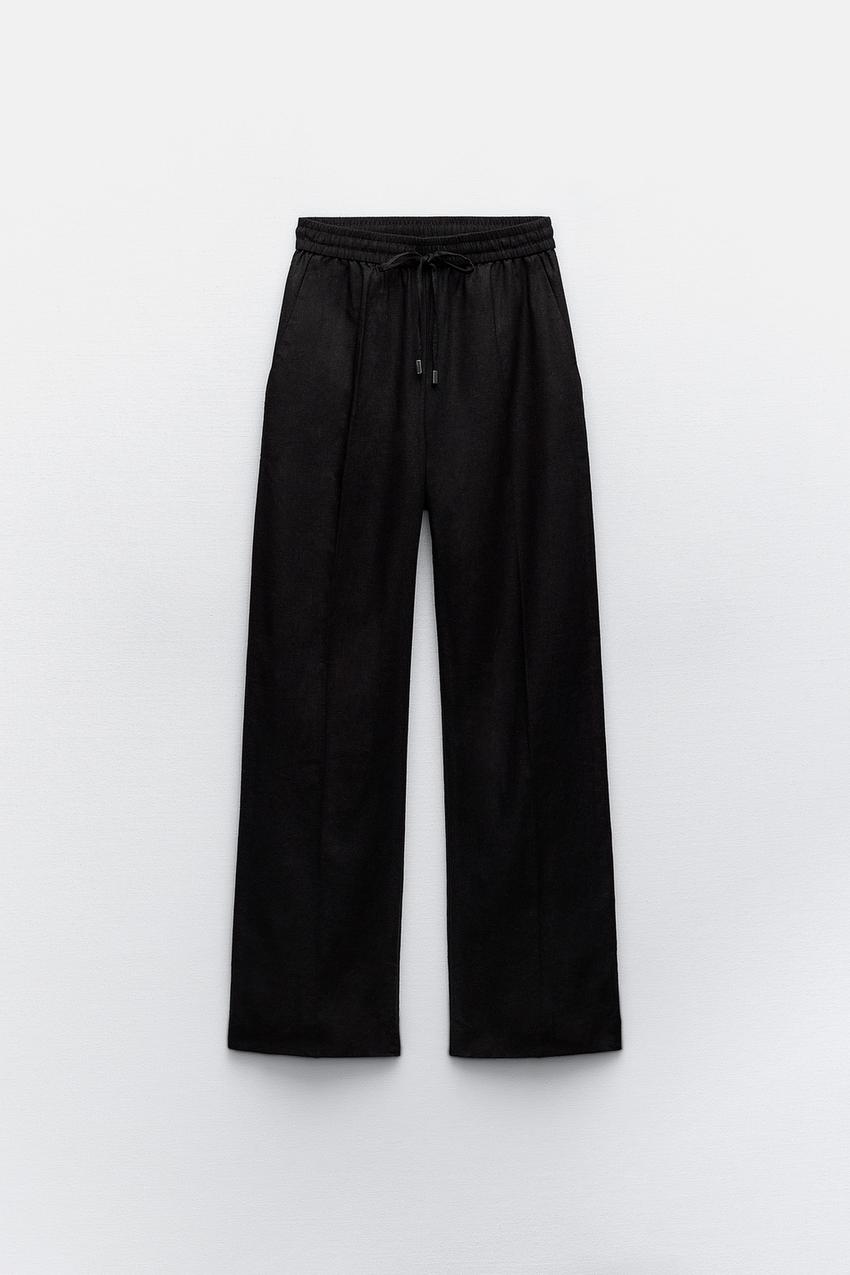 Black Linen Look Elasticated Waist Detail Pants