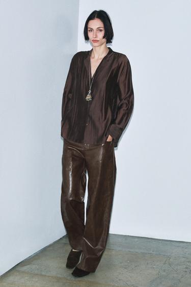 ZW COLLECTION FAUX LEATHER STRAIGHT TROUSERS - Brown by Zara