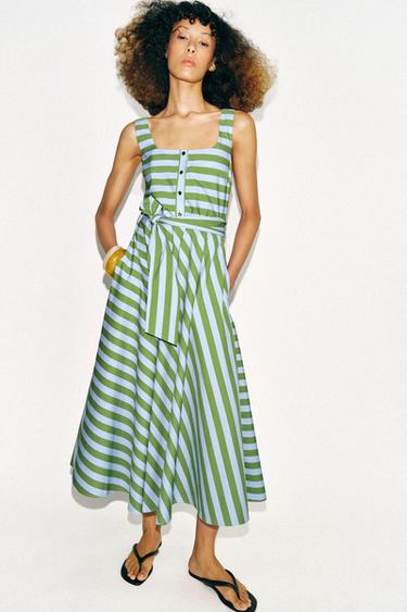 Zara STRIPED BELTED MIDI DRESS - Green / Blue