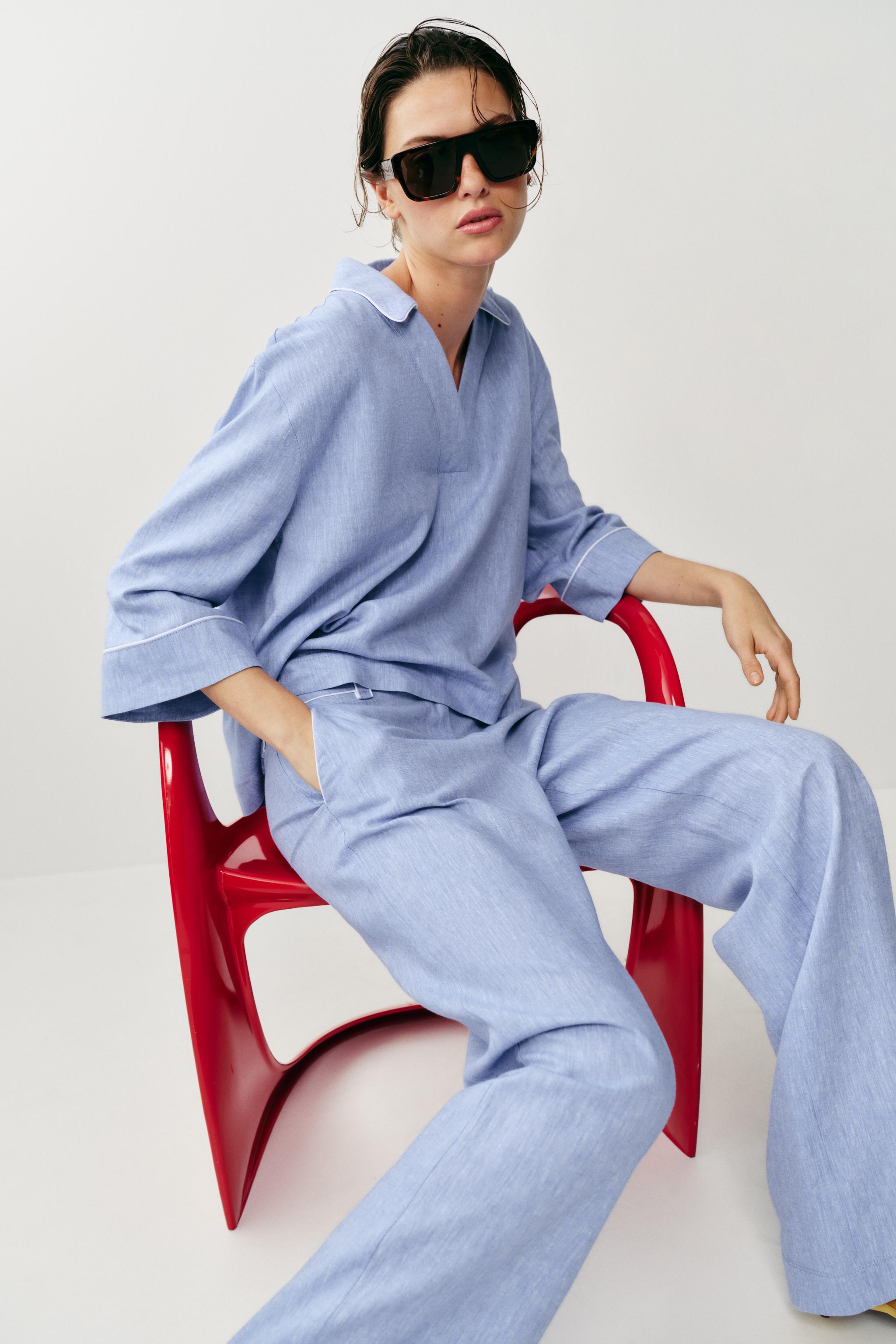 Женские блузки Zara LINEN BLOUSE WITH CONTRAST PIPING — фото 4
