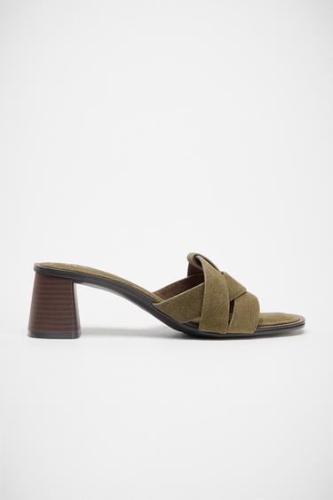 STRAPPY SPLIT SUEDE HEELED SANDALS - Khaki Green by Zara