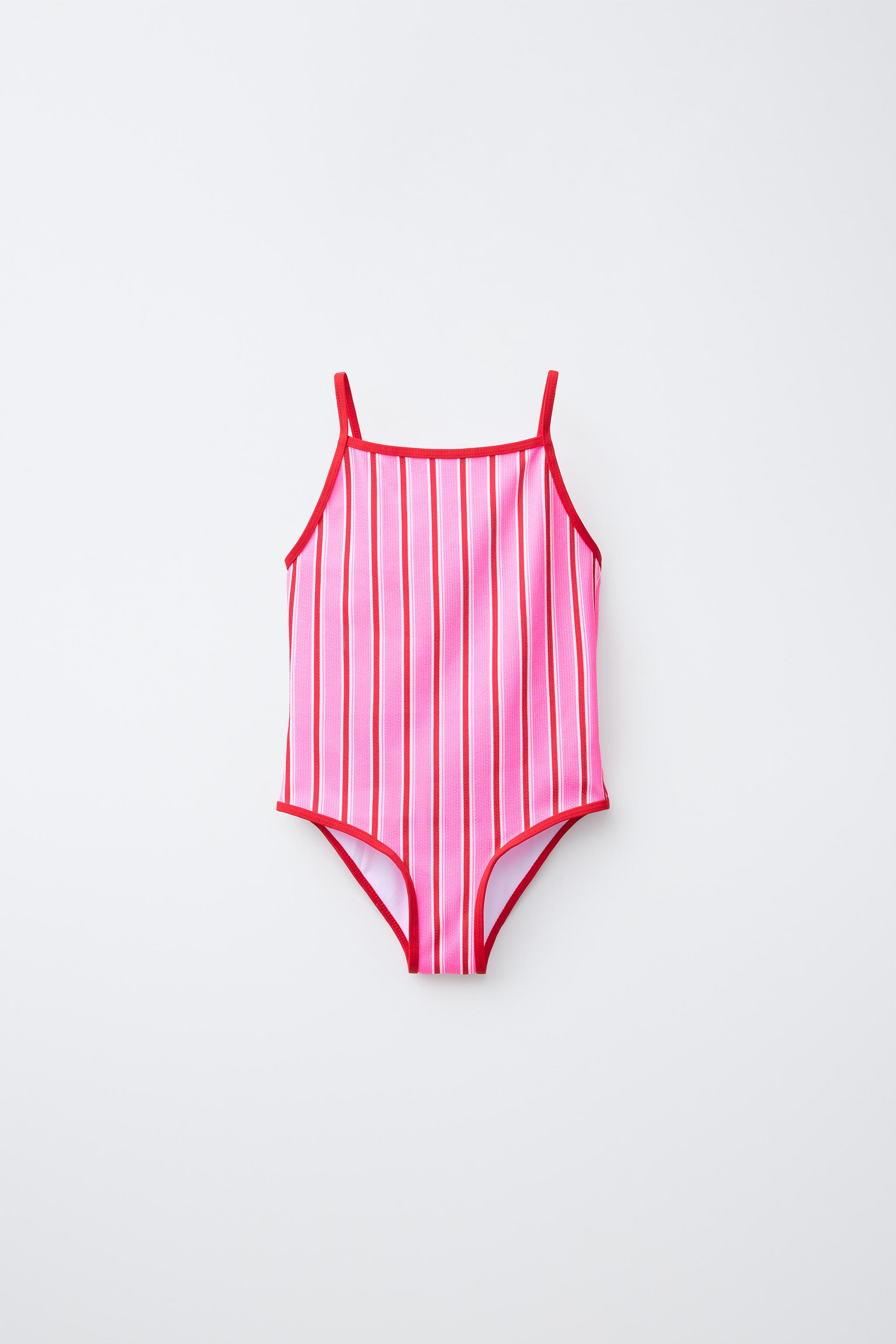 6-14 YEARS / STRIPED SWIMSUIT — Neon pink