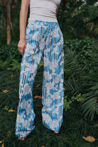 STRIPED WIDE-LEG TROUSERS - Ecru / Blue by Zara - Image 1