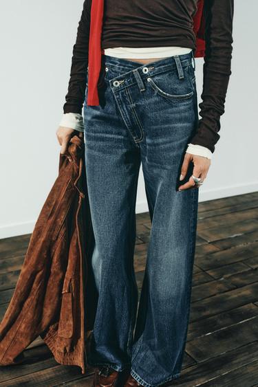 Zara TRF HIGH WAIST CROSSOVER WAIST WIDE LEG JEANS - Navy blue