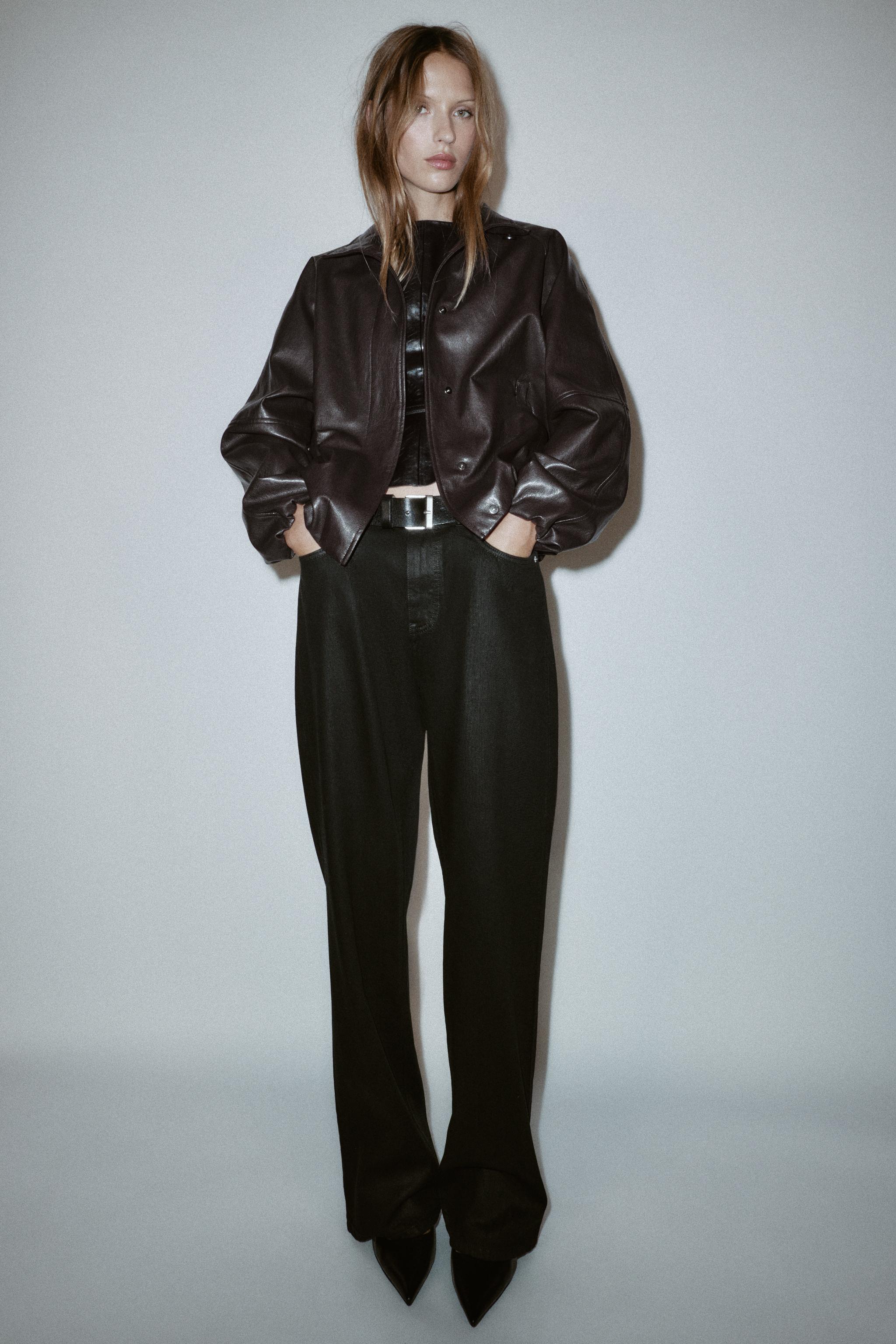 FAUX LEATHER HIGH COLLAR JACKET