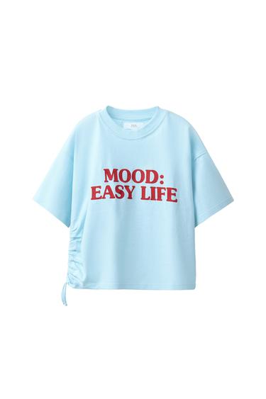 GATHERED SLOGAN T-SHIRT - Light blue by Zara