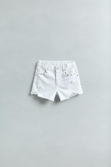 RIPPED AND STUDDED DENIM BERMUDA SHORTS - White by Zara